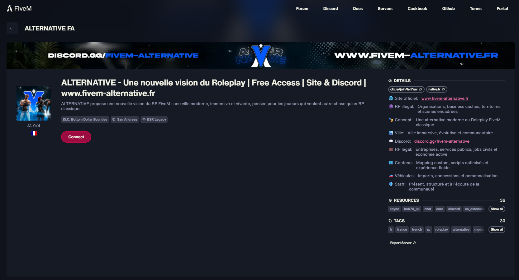 Aperçu de la fiche serveur Alternative Roleplay sur FiveM